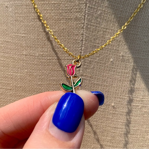 Hand Crafted Jewelry - NWT Sterling Silver Plated Chain, Enamel Rose Flower Alloy Charm Neckkace